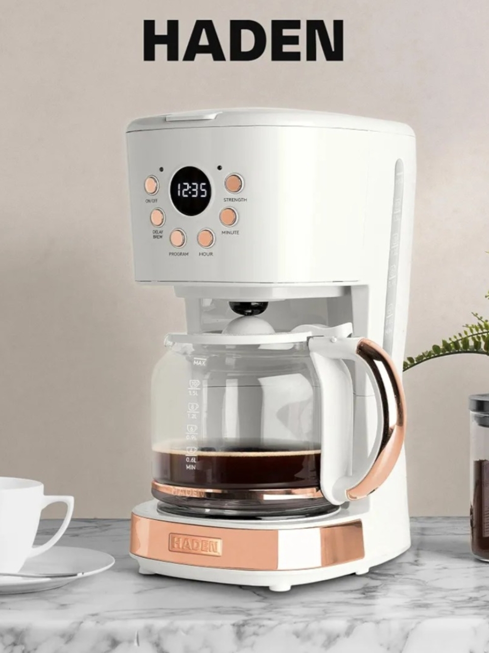 Hayden White Coffee Maker with Rose Gold Accents